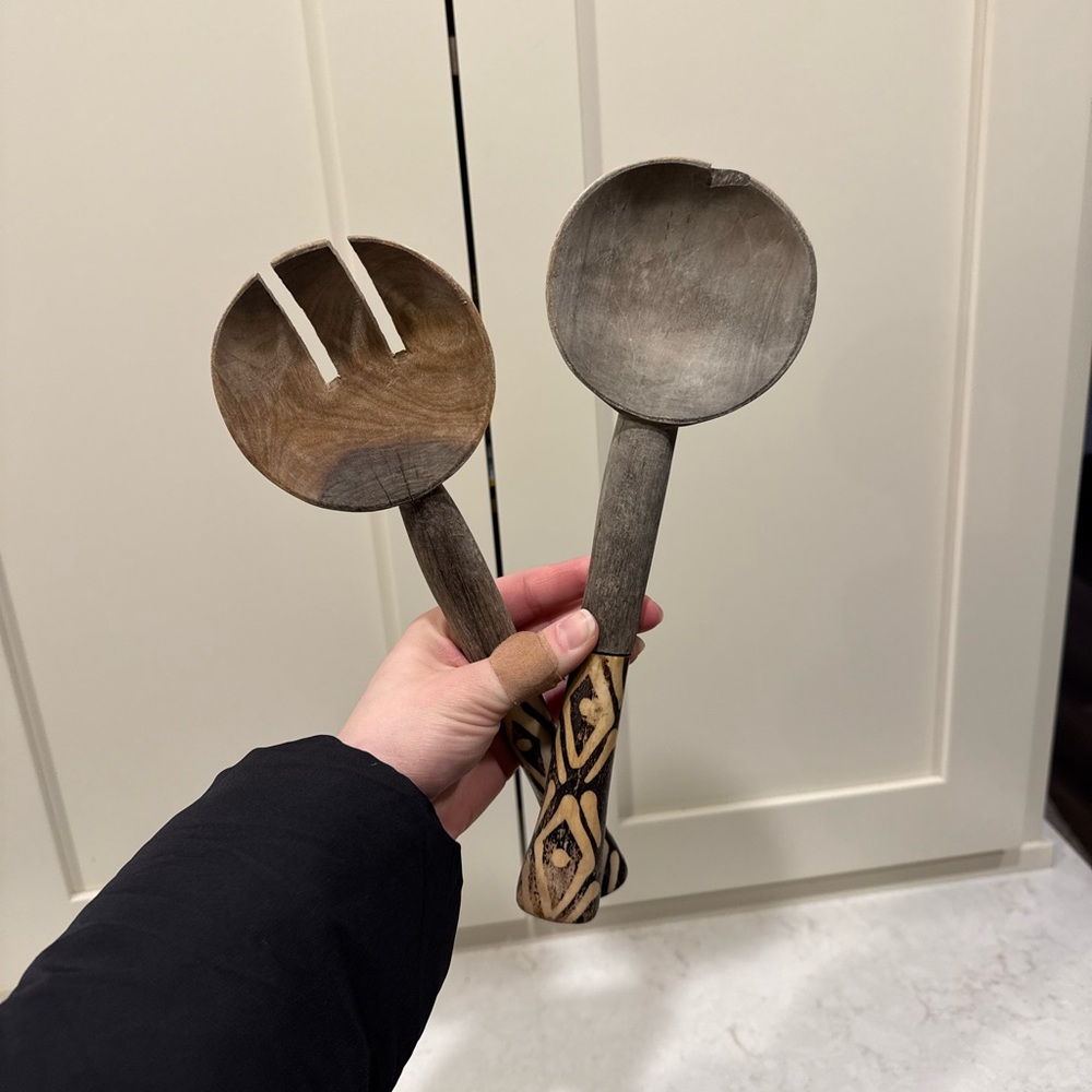 Hand Carved Kenyan Olive Wood Ornate African Design Textured Handled Salad Set
